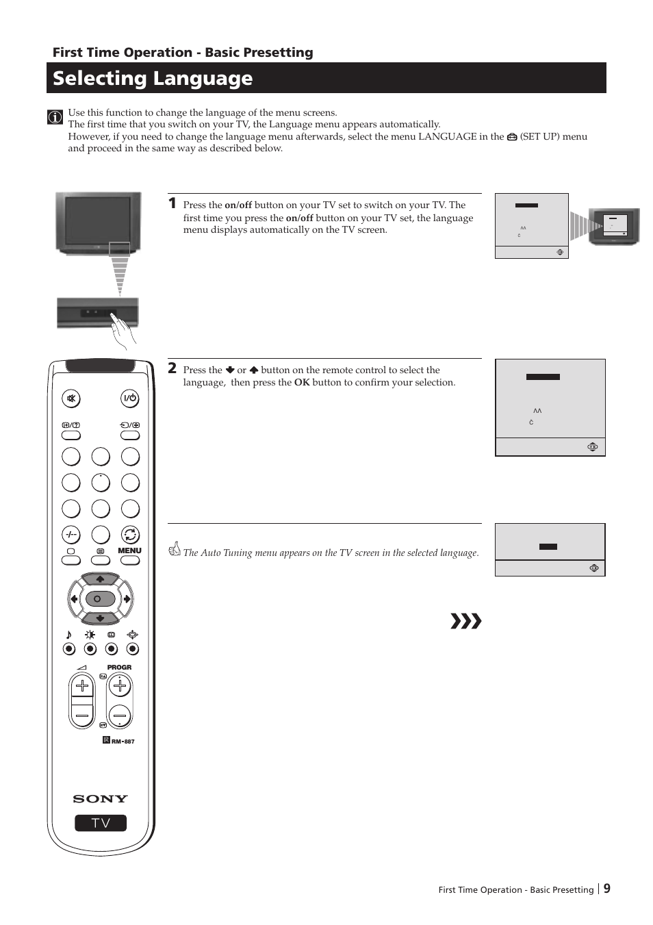 Selecting language, 9first time operation - basic presetting | Sony KV-29FX201D User Manual | Page 9 / 98