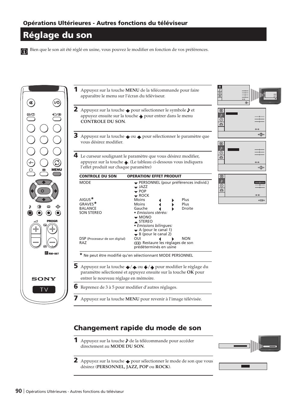 Réglage du son, Changement rapide du mode de son 1 | Sony KV-29FX201D User Manual | Page 90 / 98