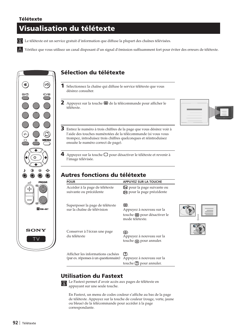 Visualisation du télétexte, Utilisation du fastext, Sélection du télétexte 1 | Autres fonctions du télétexte, Télétexte | Sony KV-29FX201D User Manual | Page 92 / 98