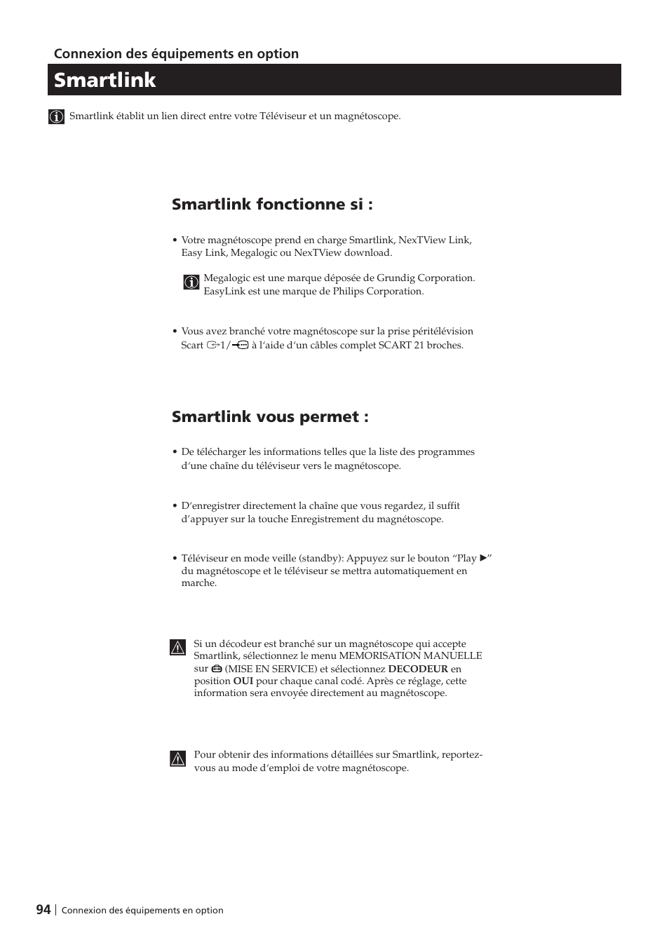 Smartlink, Smartlink fonctionne si, Smartlink vous permet | Sony KV-29FX201D User Manual | Page 94 / 98