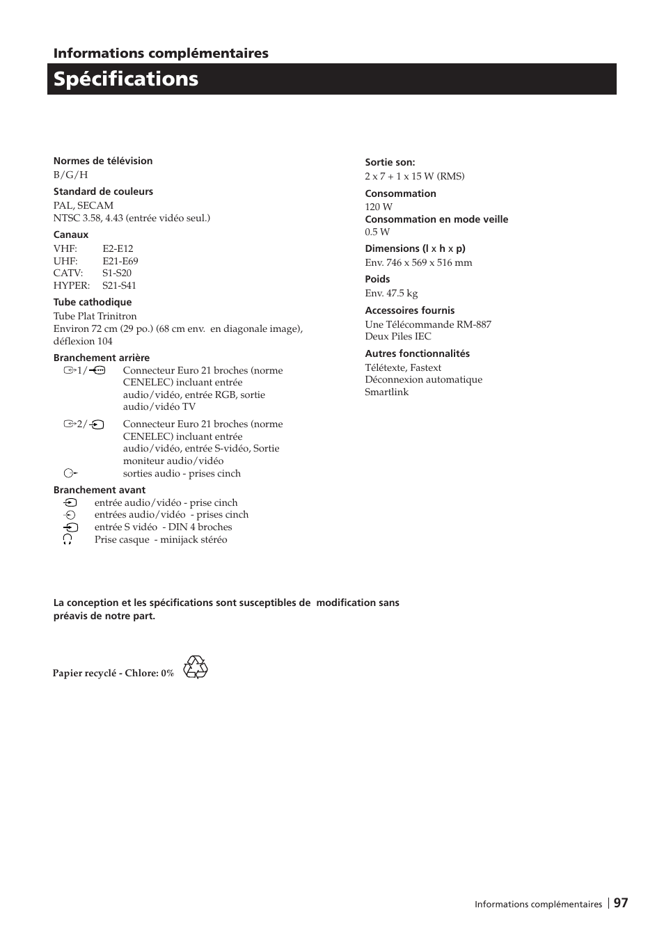 Spécifications, 97 informations complémentaires | Sony KV-29FX201D User Manual | Page 97 / 98