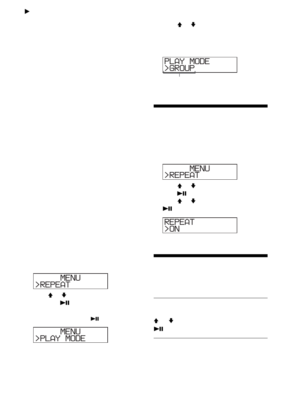 Playback options, Playing tracks repeatedly (repeat play), Playing tracks repeatedly | Playing all files in a selected group, Repeat menu, Play mode menu, Group play mode, On repeat | Sony NF401 User Manual | Page 16 / 40