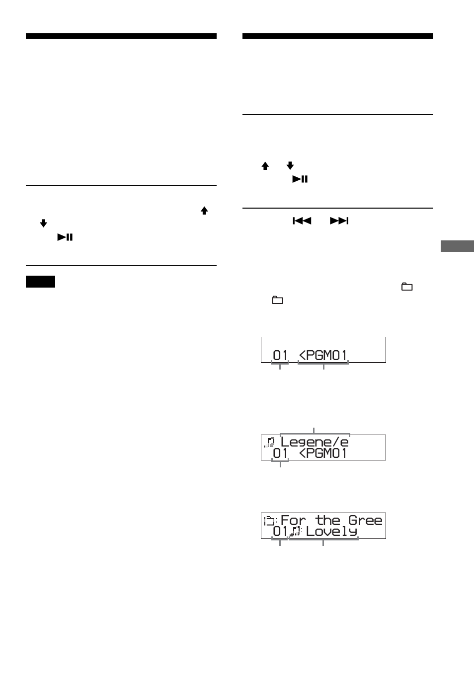 Playing tracks in your favorite order (pgm play), Playing tracks in your favorite order, 01 <pgm01 | 01 <pgm01 legene/e, 01 lovely for the gree | Sony NF401 User Manual | Page 19 / 40