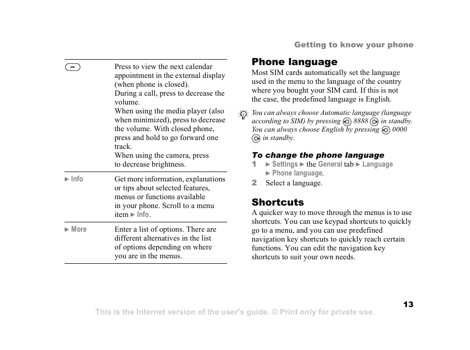 Phone language, Shortcuts | Sony Z800i User Manual | Page 13 / 99