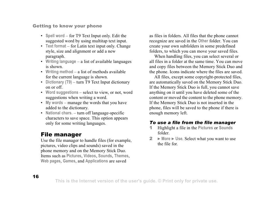 File manager | Sony Z800i User Manual | Page 16 / 99