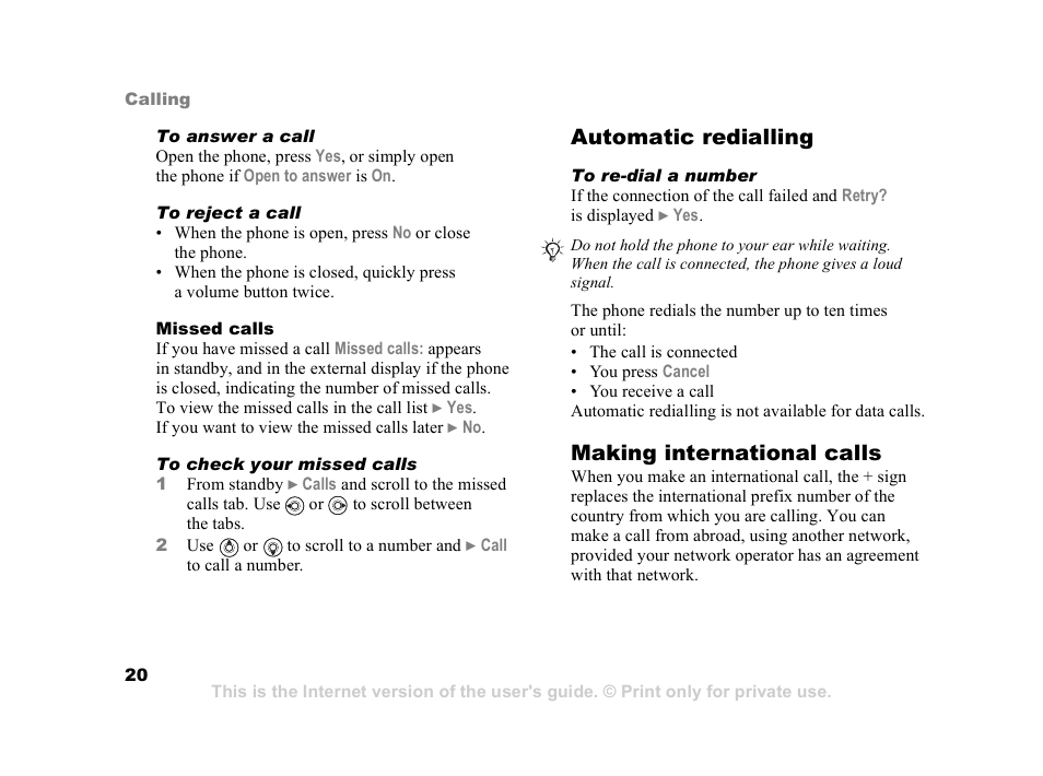 Automatic redialling, Making international calls | Sony Z800i User Manual | Page 20 / 99