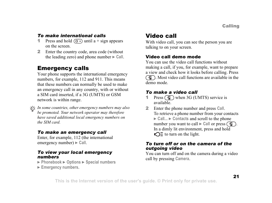 21 video call, Emergency calls, Video call | Sony Z800i User Manual | Page 21 / 99