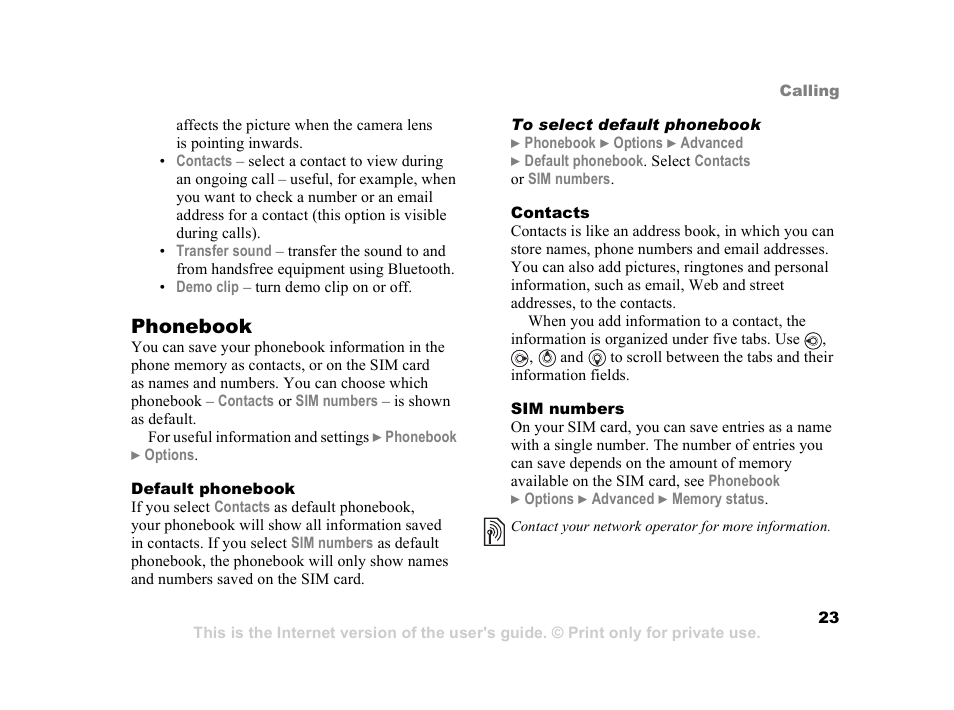 23 phonebook, Phonebook | Sony Z800i User Manual | Page 23 / 99