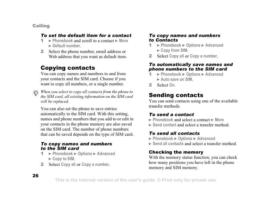 Copying contacts, Sending contacts | Sony Z800i User Manual | Page 26 / 99