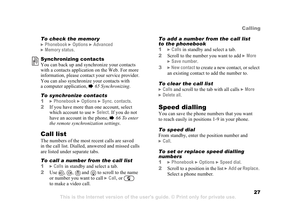 27 call list, Call list, Speed dialling | Sony Z800i User Manual | Page 27 / 99