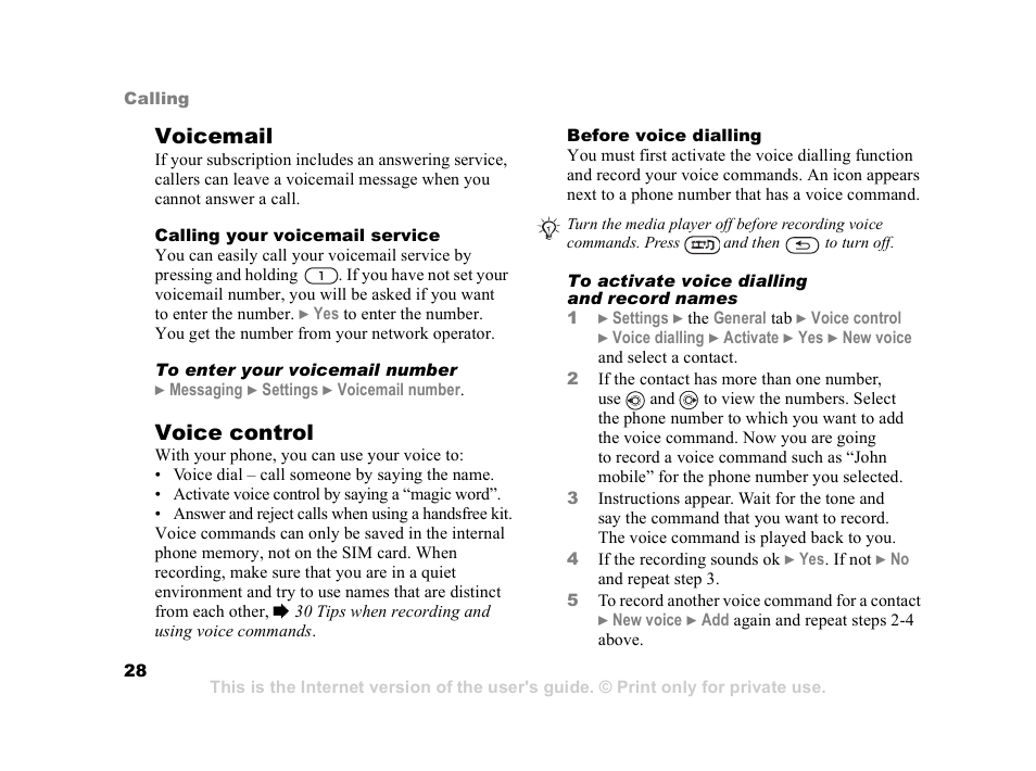 28 voice control, Voicemail, Voice control | Sony Z800i User Manual | Page 28 / 99