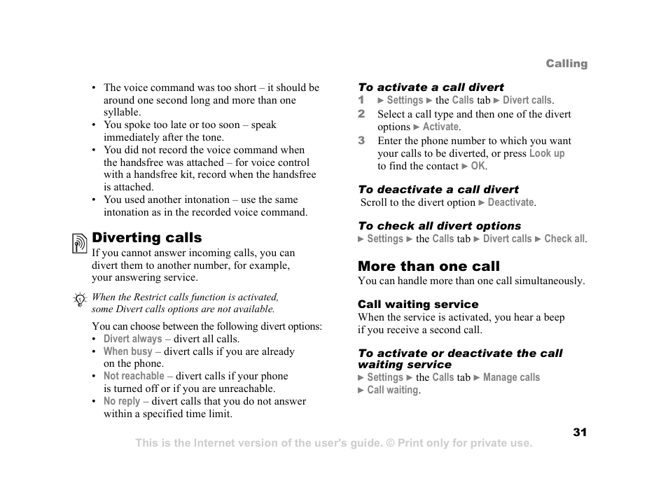 Diverting calls, More than one call | Sony Z800i User Manual | Page 31 / 99