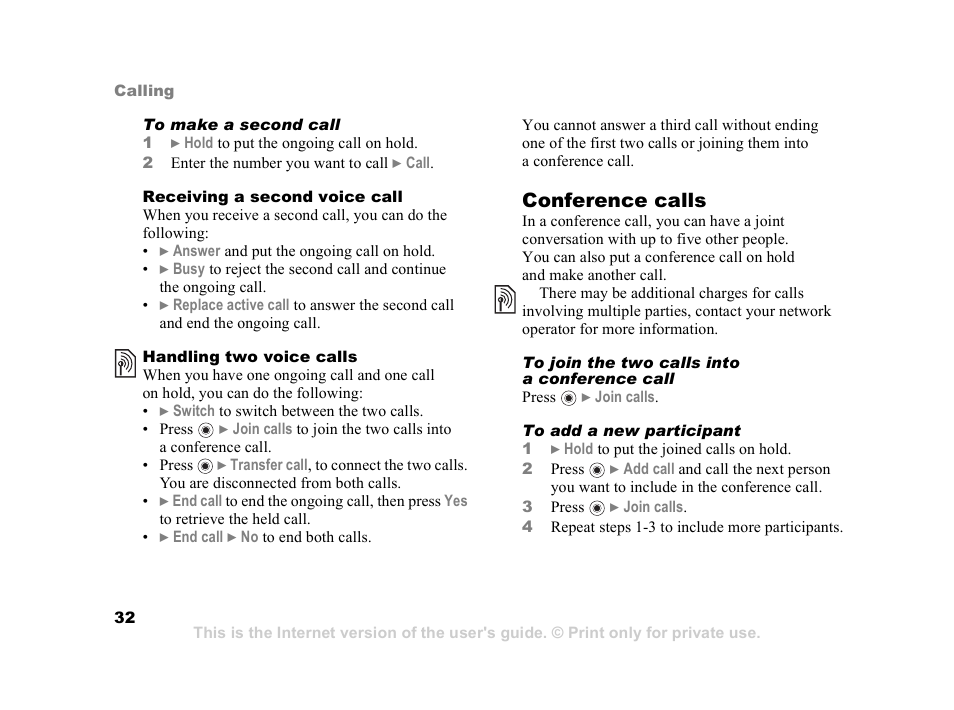 Conference calls | Sony Z800i User Manual | Page 32 / 99