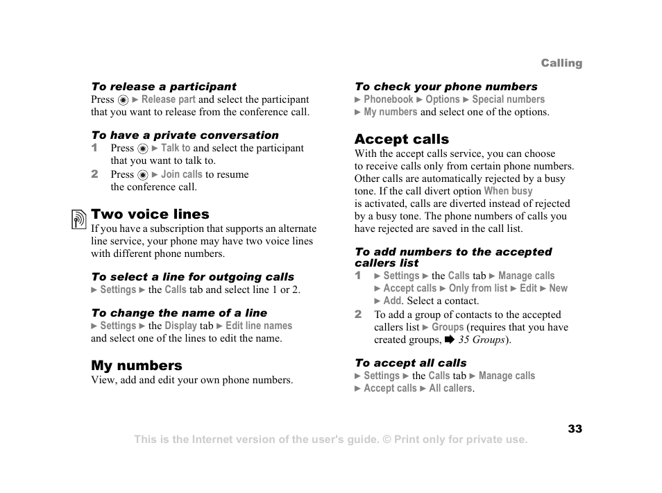 Two voice lines, My numbers, Accept calls | Sony Z800i User Manual | Page 33 / 99