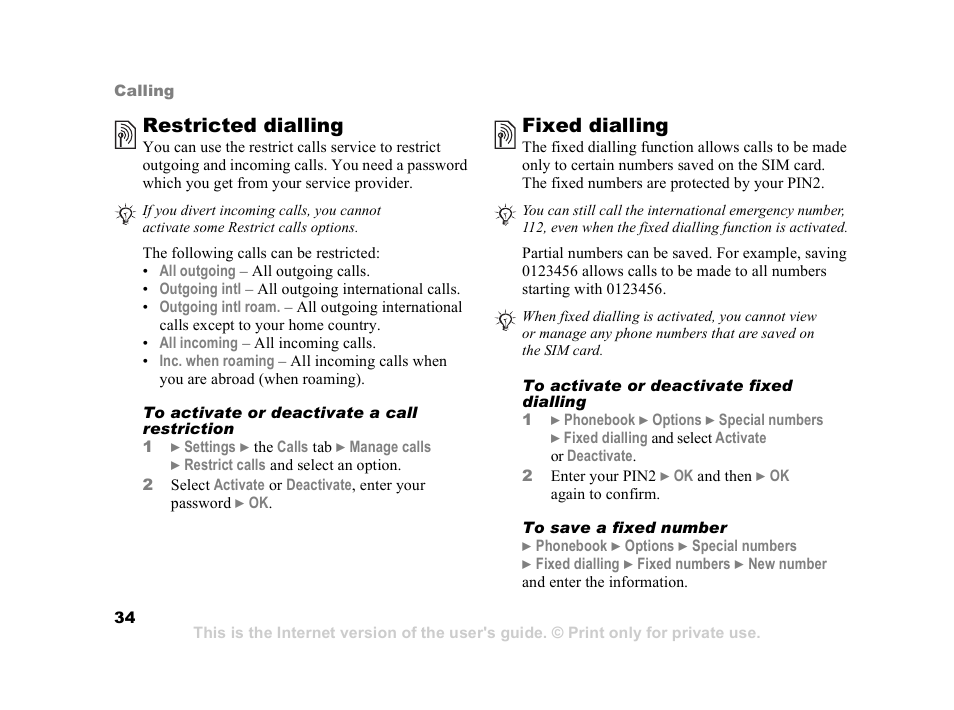 Restricted dialling, Fixed dialling | Sony Z800i User Manual | Page 34 / 99