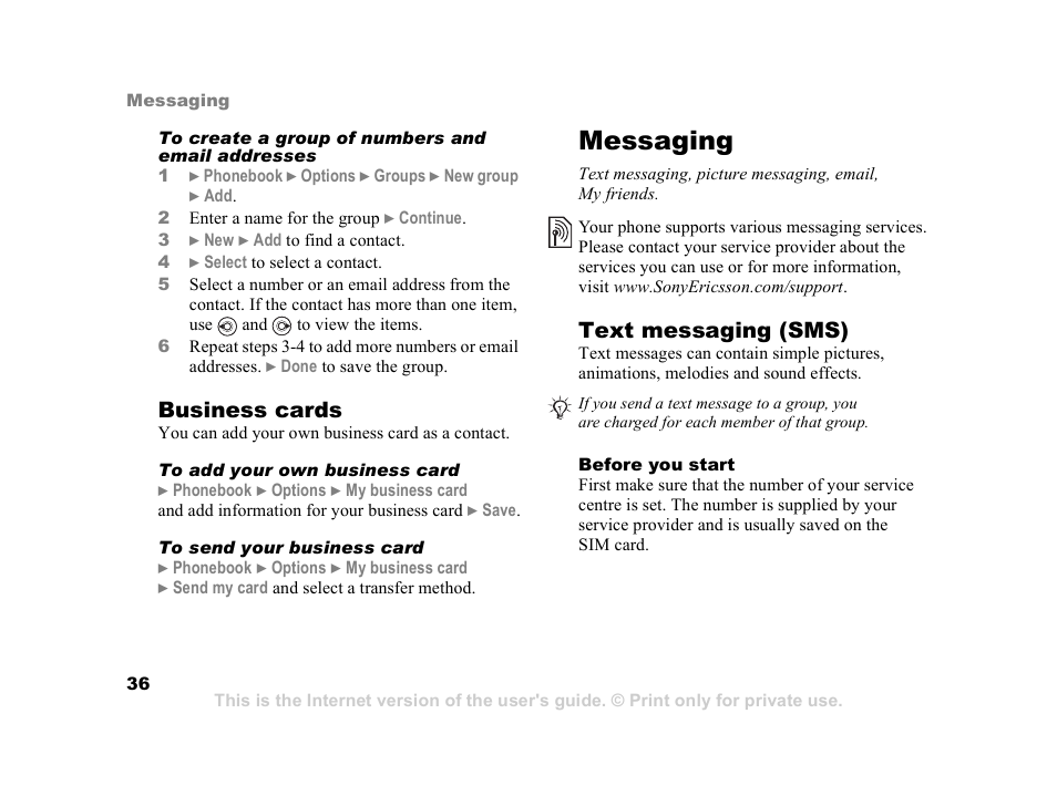 Messaging, 36 messaging, Business cards | Text messaging (sms) | Sony Z800i User Manual | Page 36 / 99