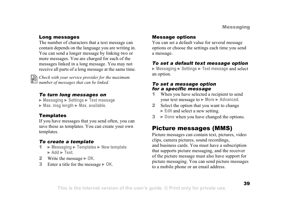 Picture messages (mms) | Sony Z800i User Manual | Page 39 / 99