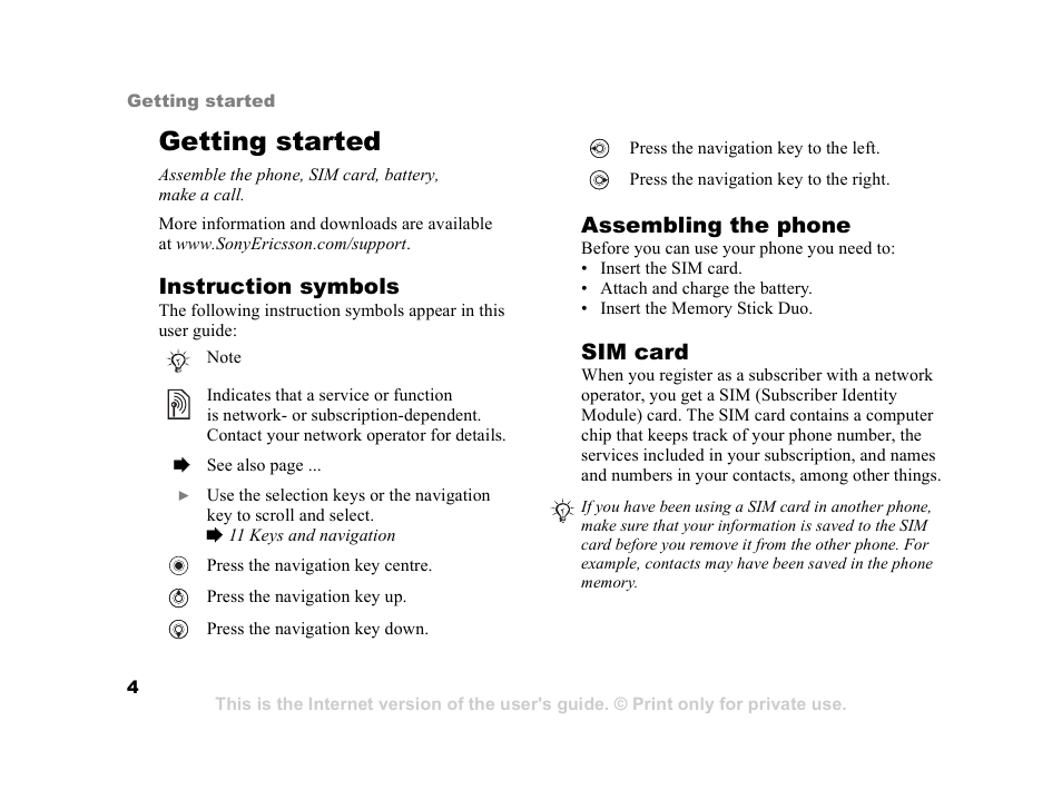 Getting started | Sony Z800i User Manual | Page 4 / 99