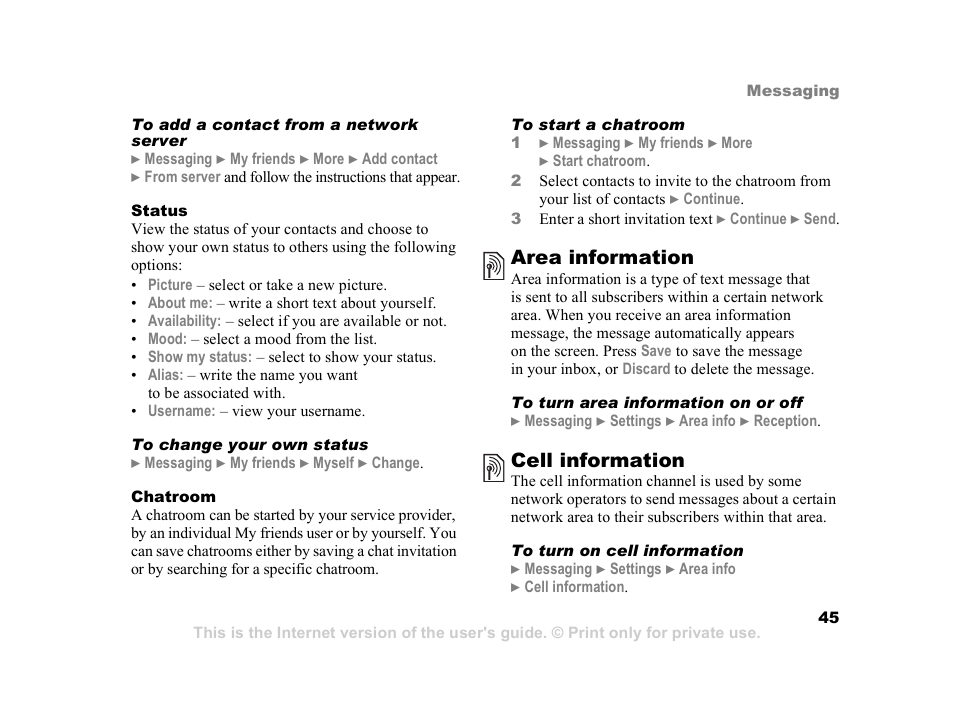 Area information, Cell information | Sony Z800i User Manual | Page 45 / 99