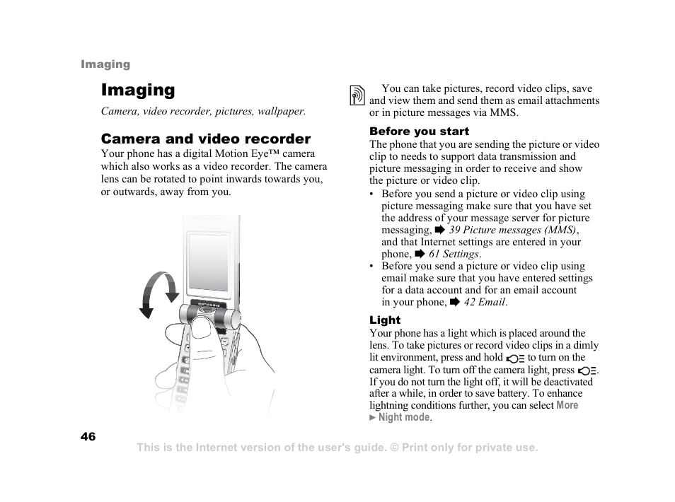 Imaging, Camera and video recorder | Sony Z800i User Manual | Page 46 / 99