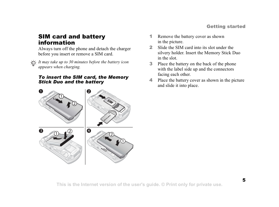 Sim card and battery information | Sony Z800i User Manual | Page 5 / 99