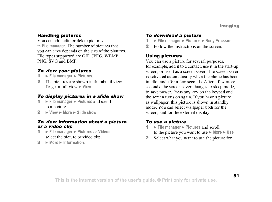 51 using pictures | Sony Z800i User Manual | Page 51 / 99