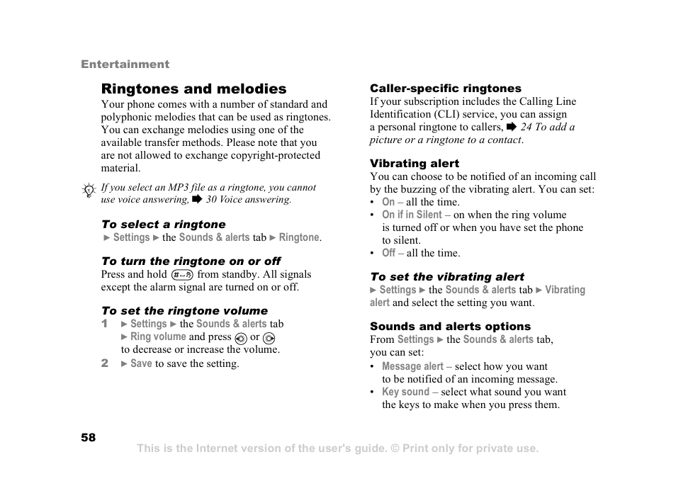 Ringtones and melodies | Sony Z800i User Manual | Page 58 / 99