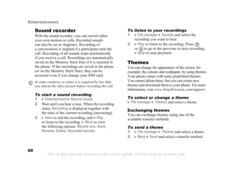 Sound recorder, Themes | Sony Z800i User Manual | Page 60 / 99