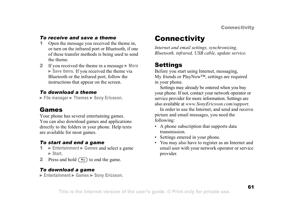 Connectivity, 61 settings, Games | Settings | Sony Z800i User Manual | Page 61 / 99