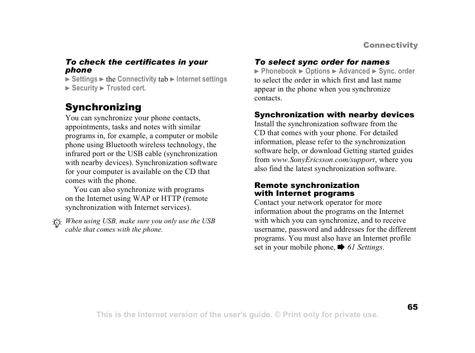65 synchronizing, Synchronizing | Sony Z800i User Manual | Page 65 / 99