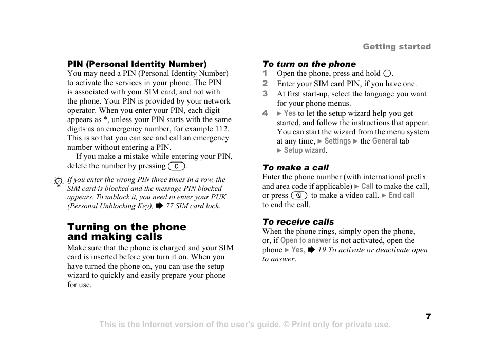 Turning on the phone and making calls | Sony Z800i User Manual | Page 7 / 99