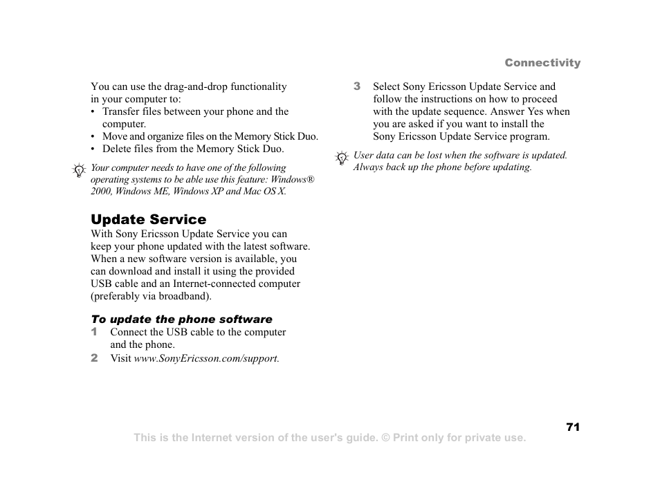 Update service | Sony Z800i User Manual | Page 71 / 99