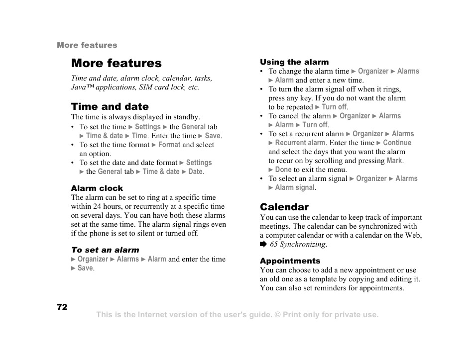 More features, Time and date, Calendar | Sony Z800i User Manual | Page 72 / 99