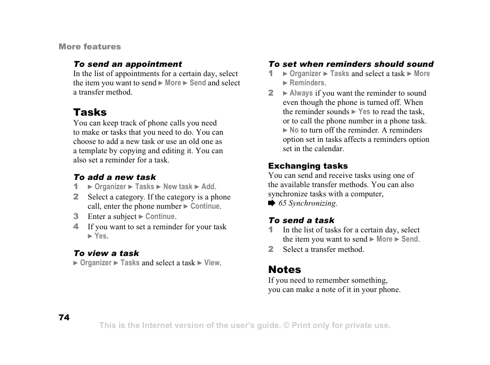 Tasks | Sony Z800i User Manual | Page 74 / 99