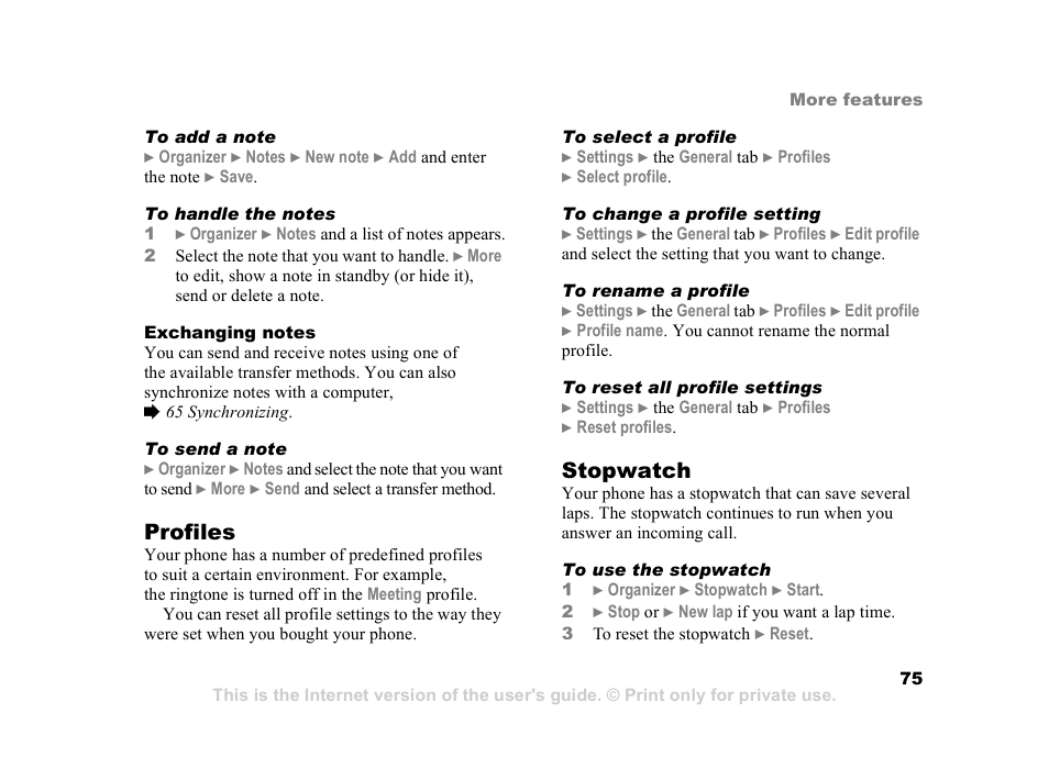 Profiles, Stopwatch | Sony Z800i User Manual | Page 75 / 99