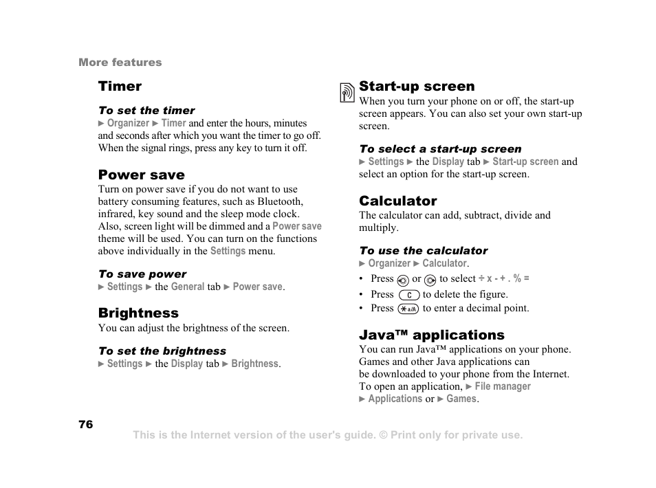 Timer, Power save, Brightness | Start-up screen, Calculator, Java™ applications | Sony Z800i User Manual | Page 76 / 99