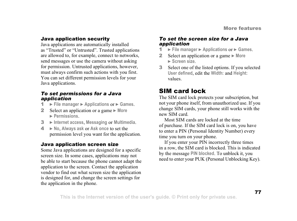 77 sim card lock, Sim card lock | Sony Z800i User Manual | Page 77 / 99