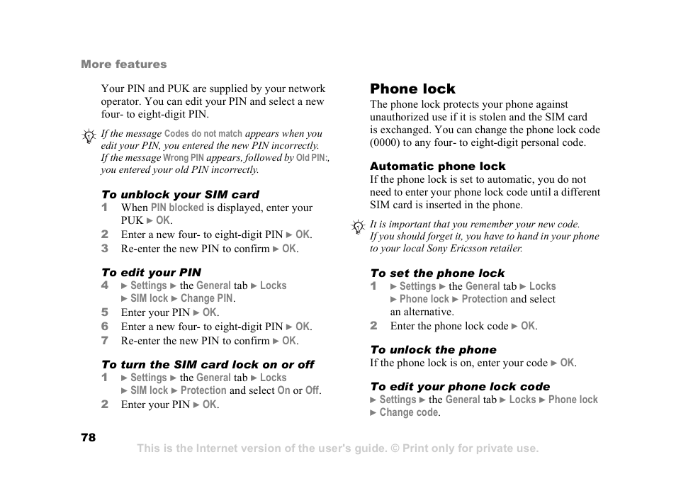 Phone lock | Sony Z800i User Manual | Page 78 / 99