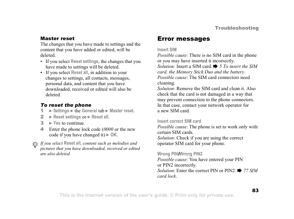 83 master, Reset, Error messages | Sony Z800i User Manual | Page 83 / 99