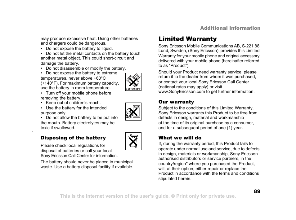 Limited warranty | Sony Z800i User Manual | Page 89 / 99