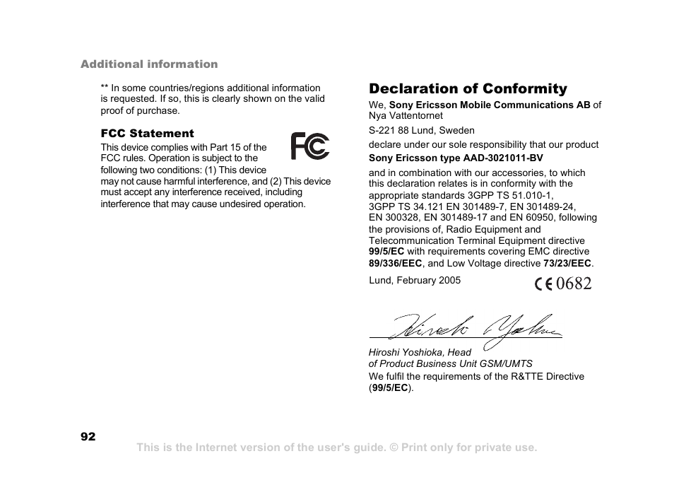 Declaration of conformity | Sony Z800i User Manual | Page 92 / 99
