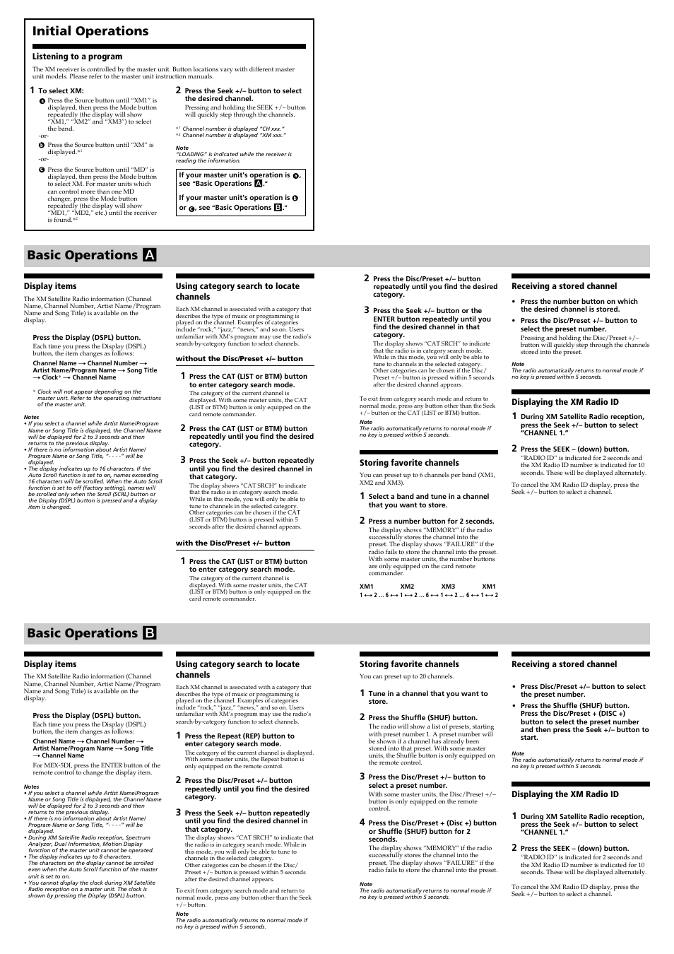 Basic operations b initial operations, Basic operations a | Sony XT-XM1 User Manual | Page 2 / 5