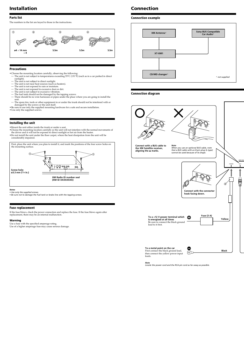 Installation, Connection | Sony XT-XM1 User Manual | Page 3 / 5