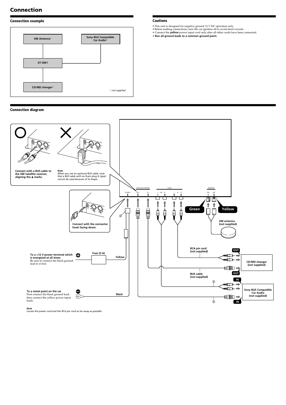 Connection, Connection example cautions, Connection diagram | Green yellow | Sony XT-XM1 User Manual | Page 4 / 5