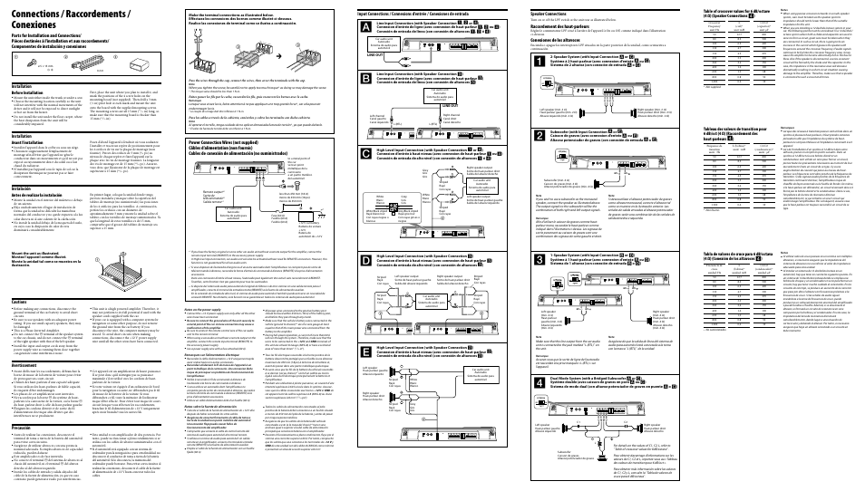 Connections / raccordements / conexiones, Raccordement des haut-parleurs, Conexiones de los altavoces | Installation, Instalación, Cautions, Avertissement, Precaución, Before installation, Avant l’installation | Sony 4-151-113-11 (1) User Manual | Page 2 / 2