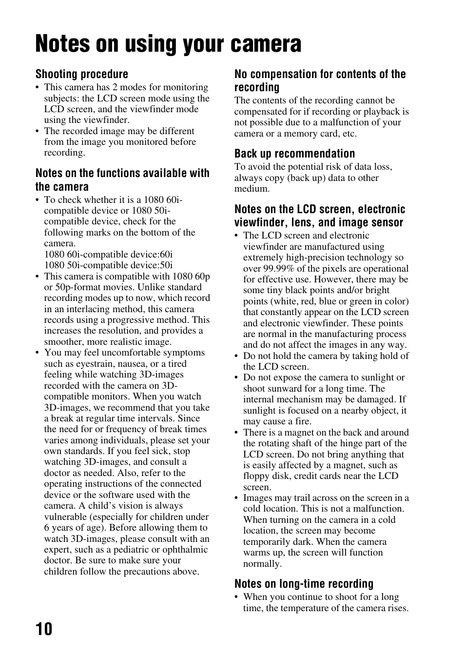 Notes on using your camera | Sony A57 User Manual | Page 10 / 215