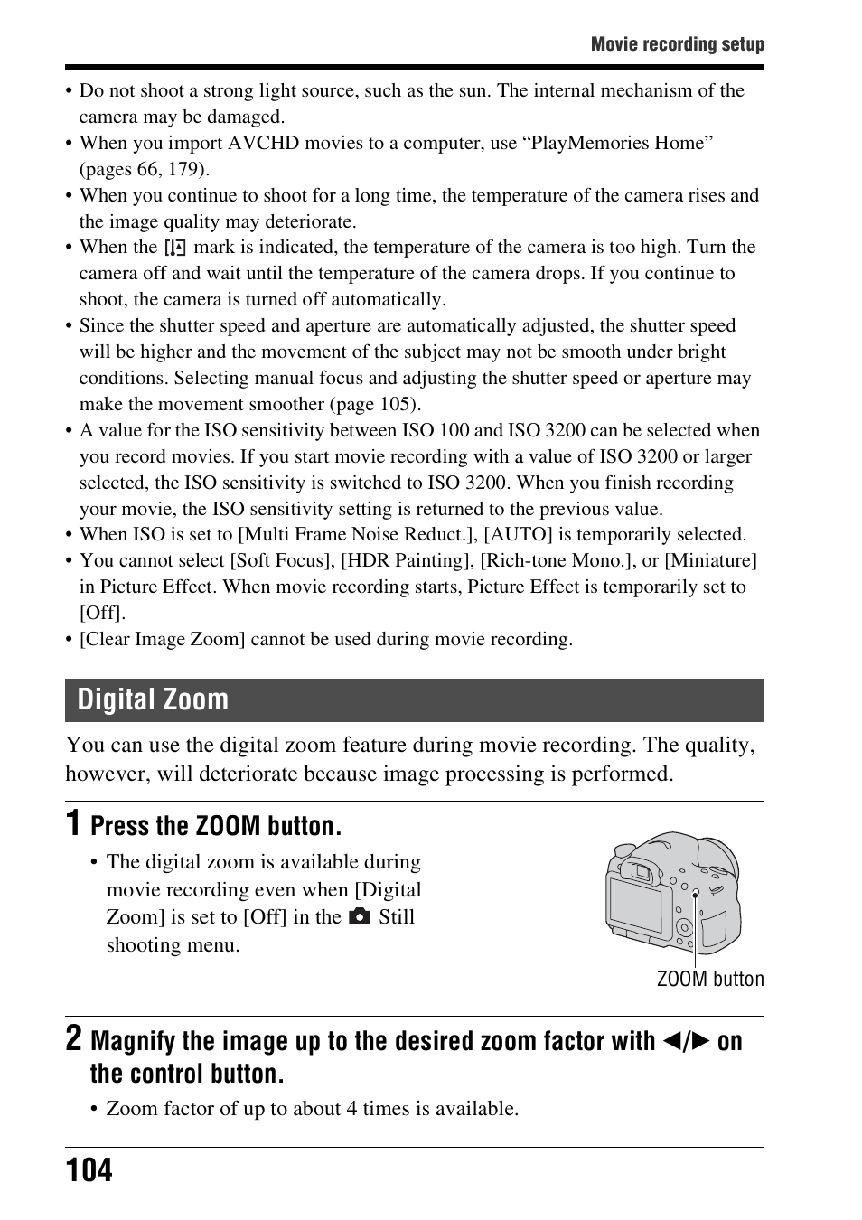 Digital zoom, L zoom (104, Press the zoom button | Sony A57 User Manual | Page 104 / 215