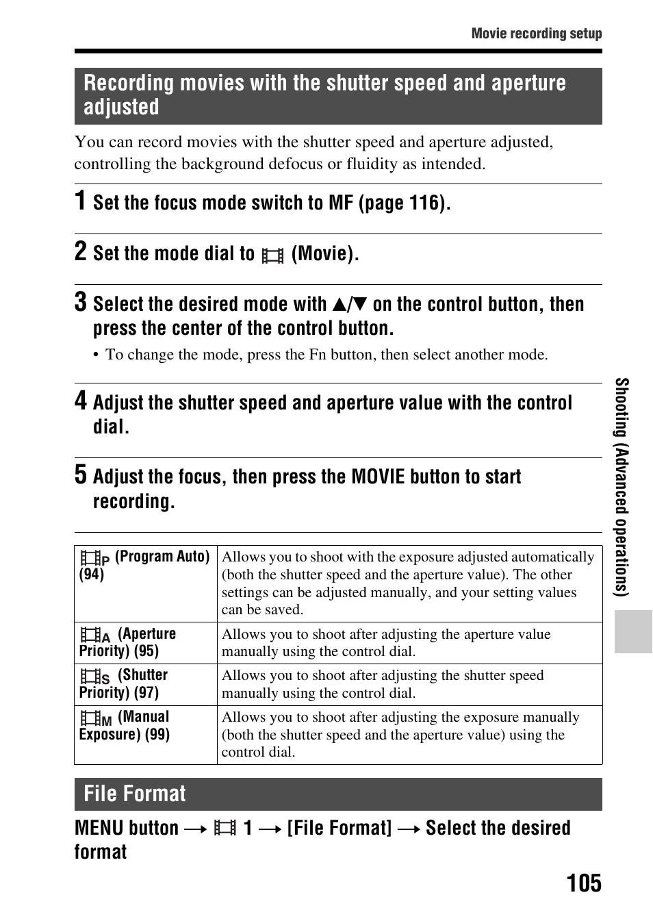 File format, Adjusted, Movie (105) | T (105) | Sony A57 User Manual | Page 105 / 215