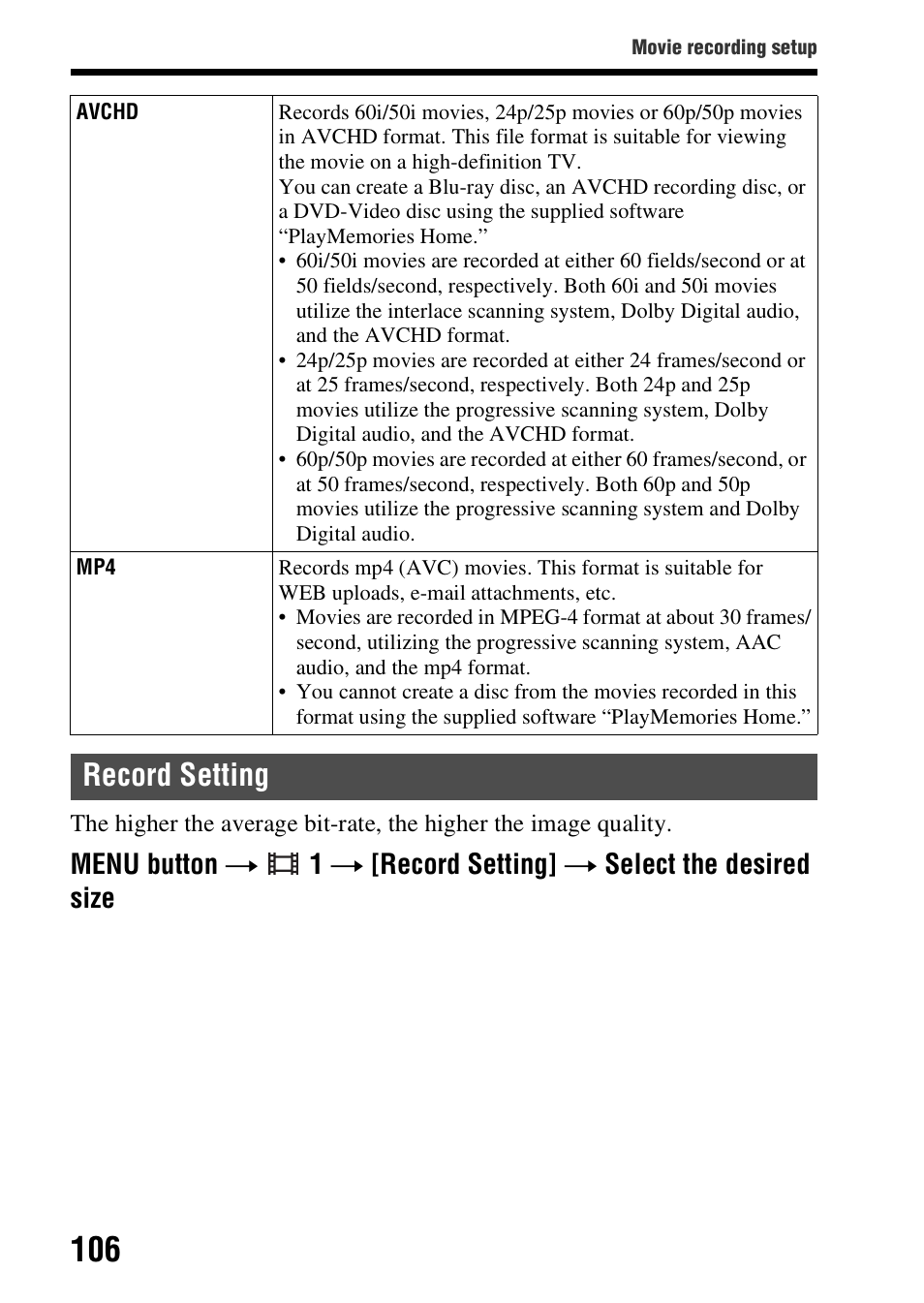 Record setting | Sony A57 User Manual | Page 106 / 215