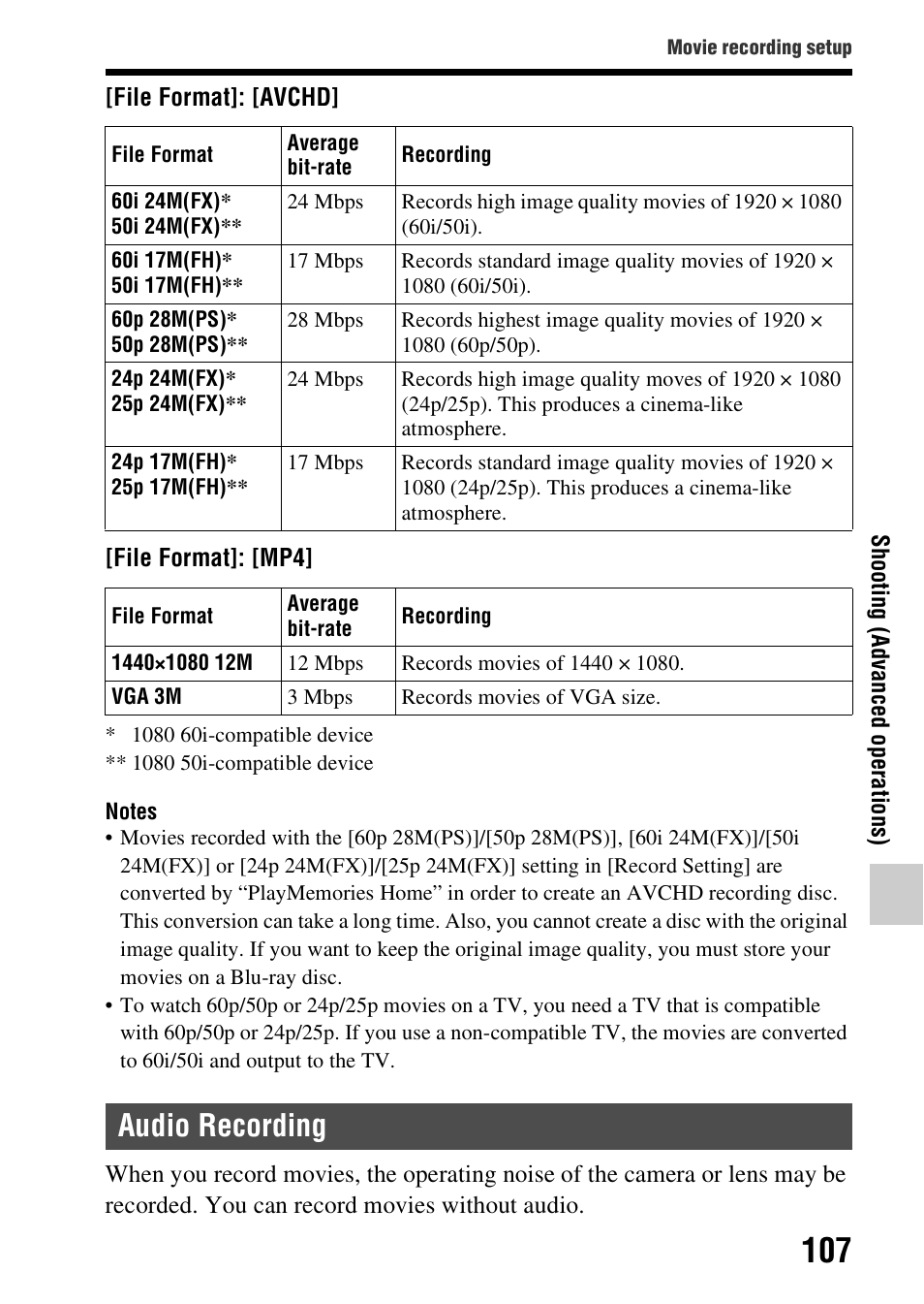 Audio recording | Sony A57 User Manual | Page 107 / 215